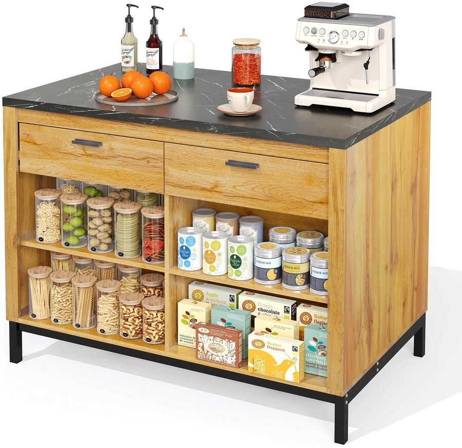 Merax Keukeneiland Landhuisstijl – 120x75x90 cm – 2 Lades en 4 Open Vakken – Eikenhout Bruin met Zwart Marmerlook Blad – Metalen Frame