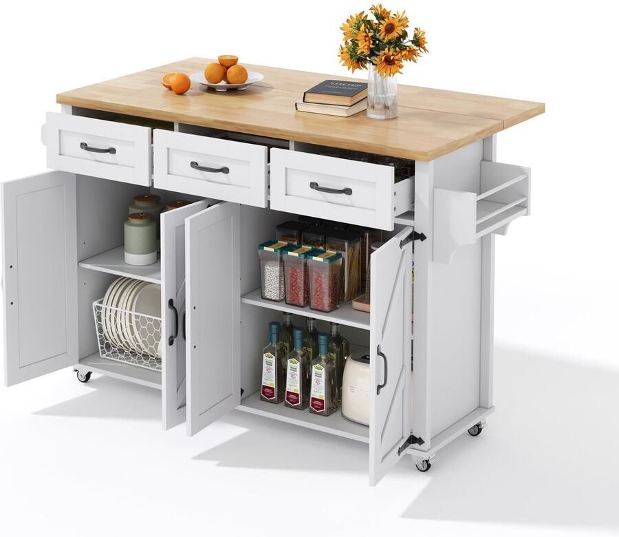 Merax Keukeneiland met Klapbaar Werkblad Opbergkast met 4 Deuren en 3 Lades Voorzien van 5 Wielen en Handdoekhouders Houten Kookeiland in Landelijke Stijl 140x43(70)x90 5 cm Wit