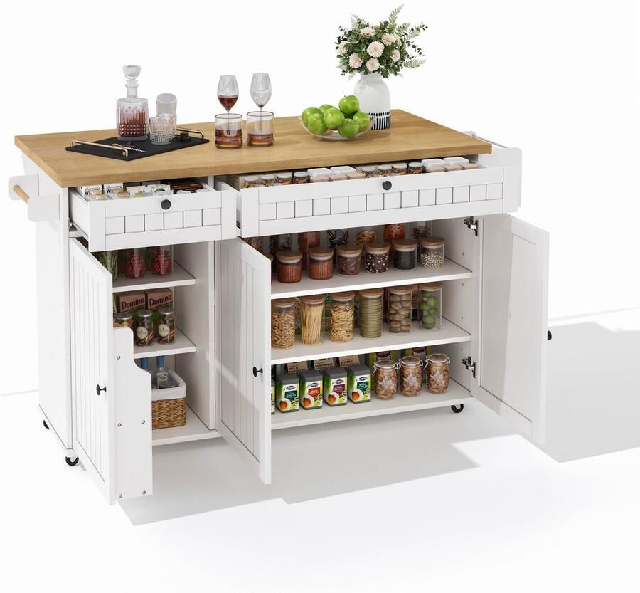 Merax Keukeneiland met Opklapbaar Werkblad Verrijdbare Keukenkast met Lades Deuren Opbergvakken en Handdoekhouder Wit met Houten Blad 137×89.5×45 cm