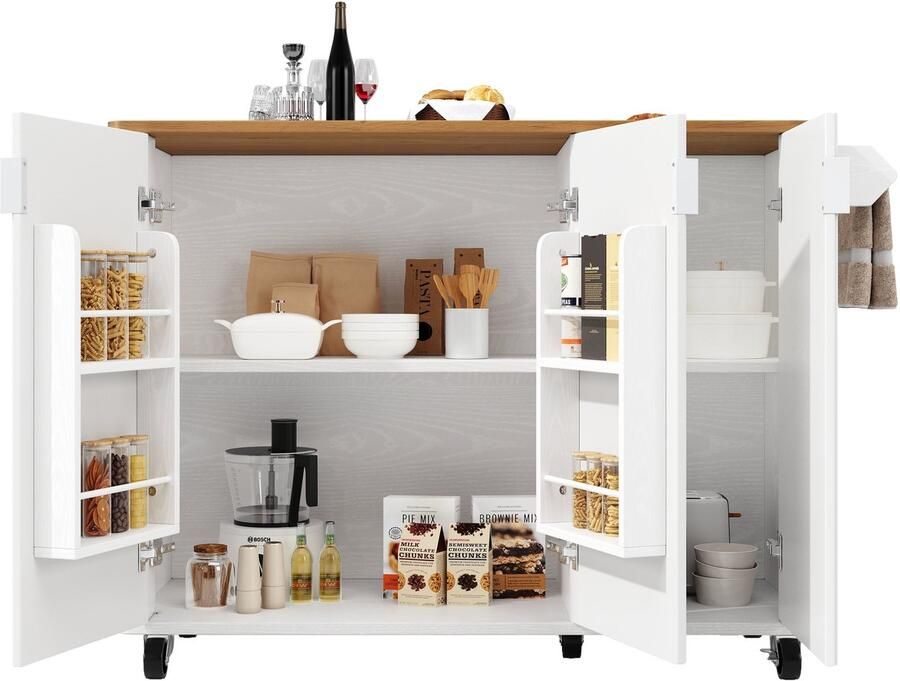 Merax Keukeneiland met Uittrekbaar Werkblad Opvouwbare Keukenwagen op Wielen met Handdoekhouder Kruidenrek en Verstelbare Schappen 3 Deuren Houtlook Wit-Zwart 130x45(75)x92 cm