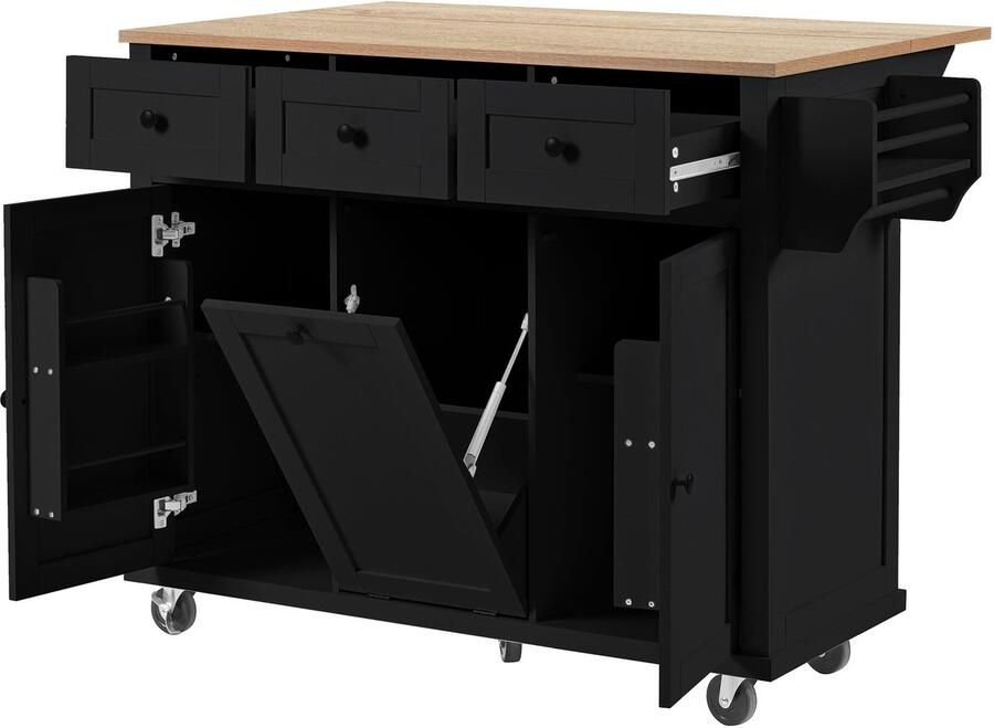 Merax Keukeneiland met Wielen – Mobiele Keukenopbergkast met Uitschuifbaar Werkblad Lade en Afvalemmervak – Kookeiland voor Keuken en Eetkamer – Zwart & Naturel Hout