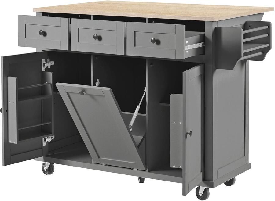 Merax Keukeneiland met Wielen – Uitschuifbaar Werkblad – Keukeneiland met Afvalbakvak en Lades – Mobiel Keukeneiland voor Kleine Keukens en Eetkamers – Grijs