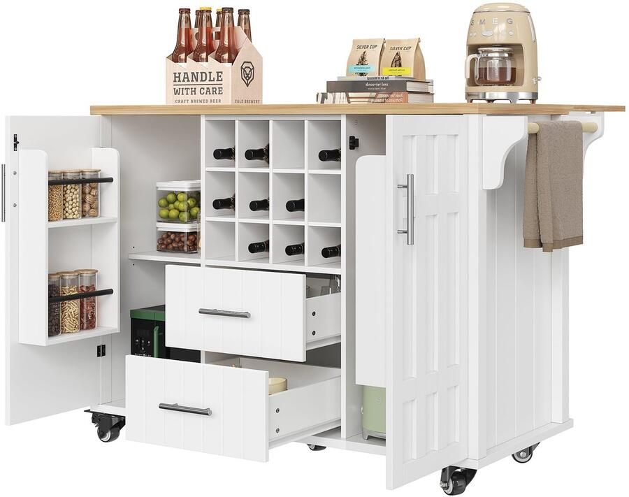 Merax Keukeneiland Op Wielen met Inklapbaar Werkblad Keukentrolley met Wijnrek en Lades Wit