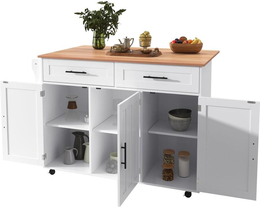 Merax Keukeneiland 129x46(71)x91 5 cm – Witte Buffetkast met Uitklapbare Tafel 2 Lades Opbergkasten en Wielen – Multifunctionele Keuken Trolley Anrichte
