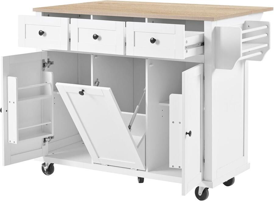 Merax Keuken-eiland op Wielen – Uitschuifbare Werktafel met Afvallade en Schubladen – Mobiel en Praktisch – Wit – 126x46 8x94 2 cm
