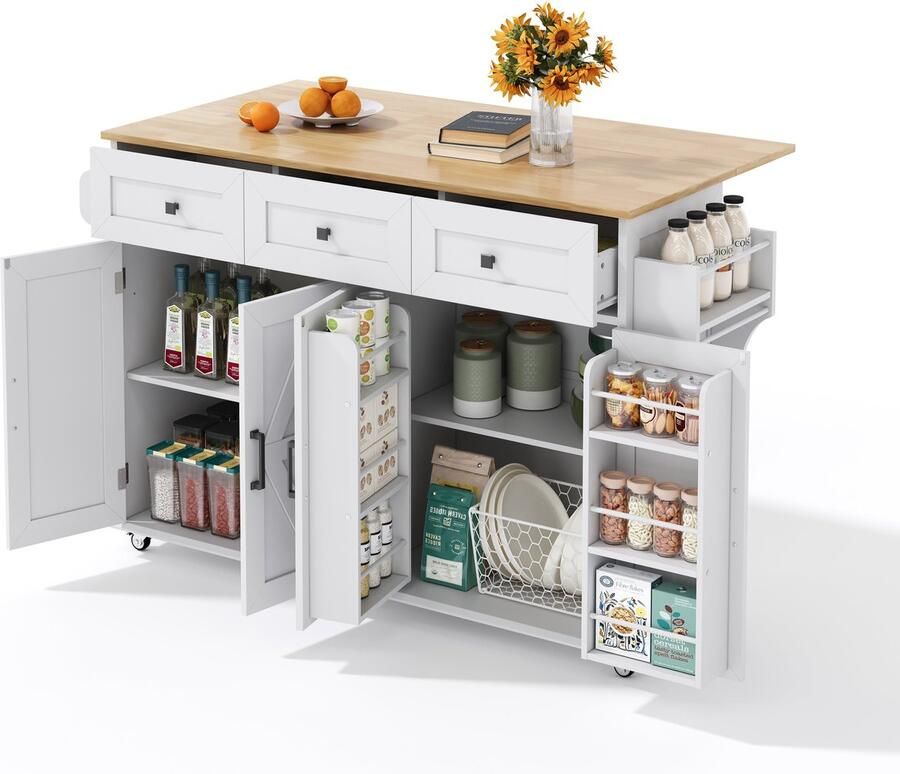 Merax Keukeneiland Roltafel met Klapbaar Werkblad 4 Deuren 3 Lades en Opbergrekken Dubbelszijdige Handdoekhouders Houten Keukenwagen met Wielen Wit Naturel 140x43(70)x90.5 cm