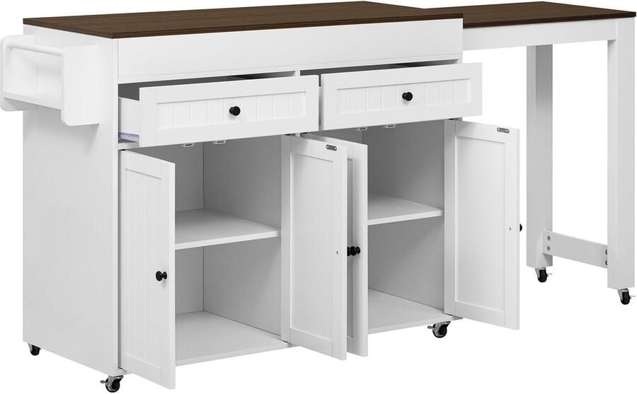 Merax Keukeneiland op Wielen Uitklapbare Keuken Trolley met Werkblad en Schuiven Mobiel Keukenkastje met Opbergruimte 112-180x45x92 cm Wit + Notenhout