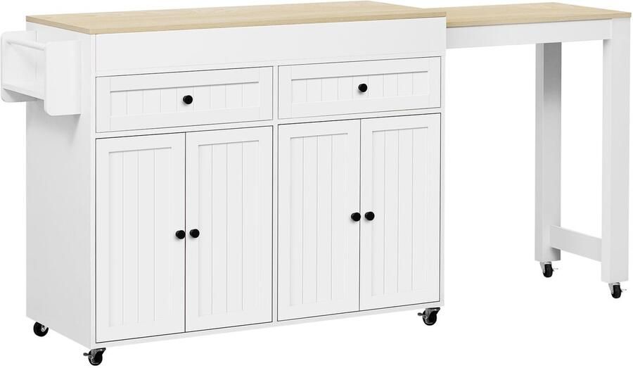 Merax Keukeneiland op Wielen Uittrekbaar Werkblad met Laden Mobiel en Vrijstaand Wit Naturel 112-180 5x45x92 2 cm
