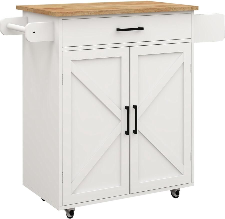 Merax Keukeneiland op Wielen – Witte Keukentrolley met Lade en Kast – Verstelbare Planken – Handdoekhouder – Kruidenrek – Werkblad van Rubberhout – Rolbare Keukenwagen met Slotwielen