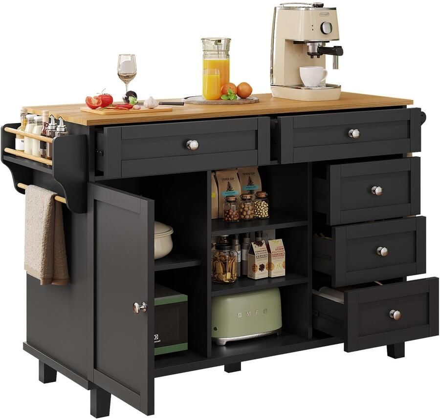 Merax serveerwagen – moderne zwarte keukenkast op wieltjes met lades & opbergruimte – 134×46×92 cm – met houten accenten – ideaal voor keuken & eetkamer