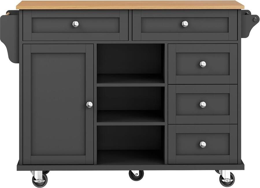 Merax serveerwagen – moderne zwarte keukenkast op wieltjes met lades & opbergruimte – 134×46×92 cm – met houten accenten – ideaal voor keuken & eetkamer - Foto 2