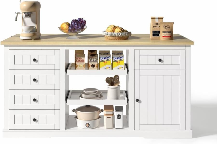 Merax Keukeneiland Sideboard met 5 Lades 2 Uitschuifplanken Opklapbaar Werkblad en Ingebouwde Stopcontacten Wit met Houten Blad 150×65×75 5 cm
