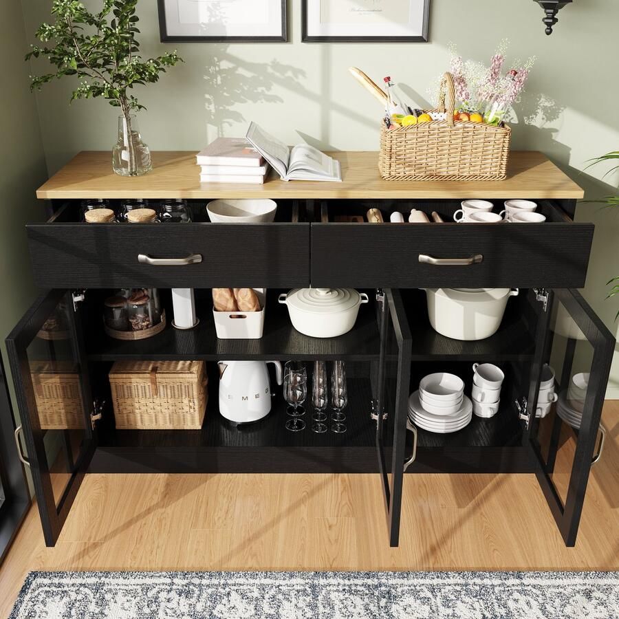 Merax Keukenkast 120x40x84cm Eetkamerkast voor Keuken Modern dressoir Bijzetkast met opbergruimte Vintage Glazen Kast Design Zwart