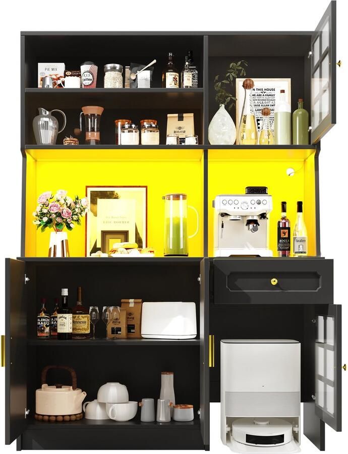 Merax Keukenkast 130x45x180 cm Hoge Keukenkast met Glazen Deuren en LED-Verlichting Zwarte Buffetkast Moderne Opbergkast met Lades en Open Vakken MDF Materiaal