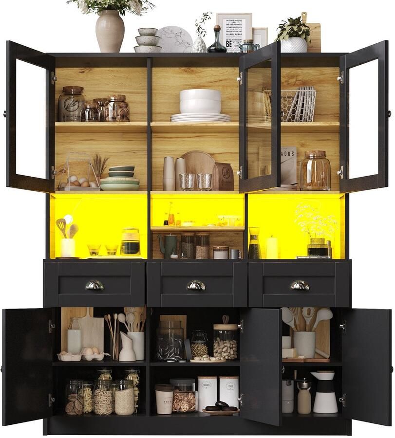 Merax Keukenkast 140x40x175 cm Buffetkast met LED Verlichting Hoge Opbergkast met Verstelbare Planken Vitrinekast met App Bediening Wit Zwart