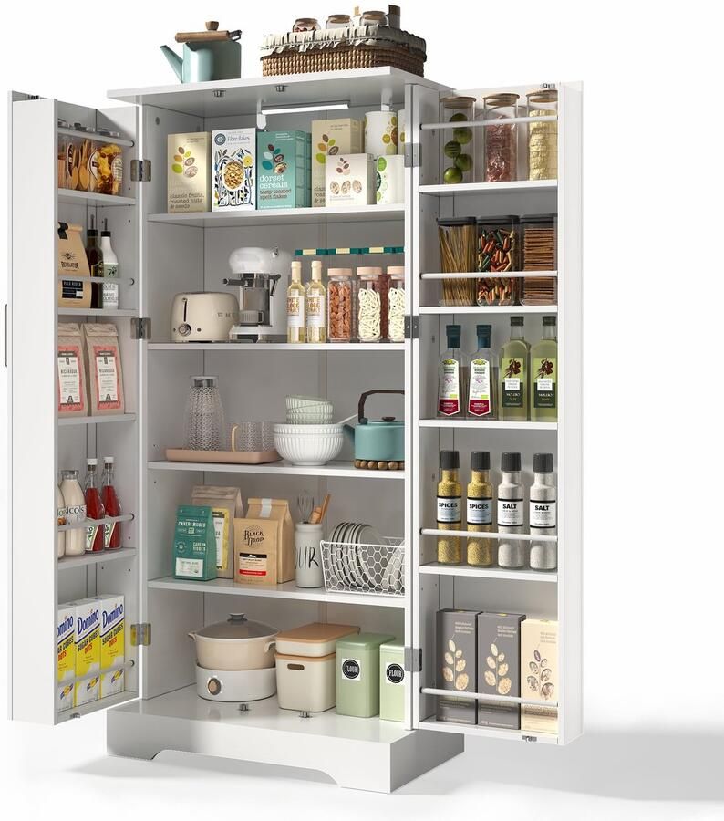 Merax Keukenkast 60x35x128 – Voorraadkast met LED Sensor Verlichting en Verstelbare Planken – Wit