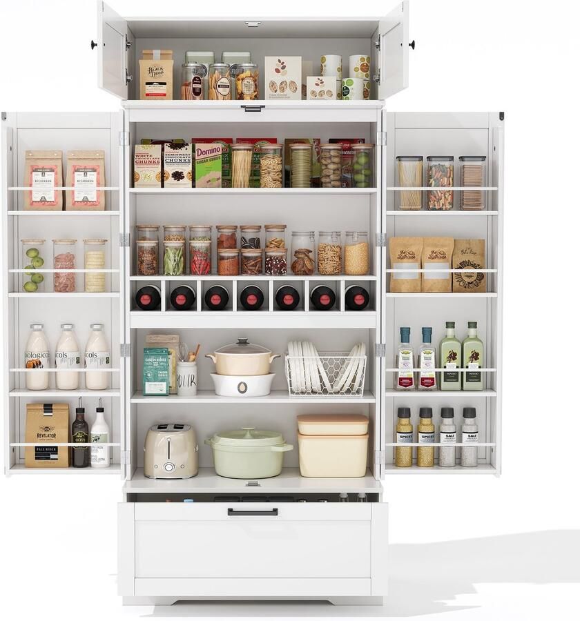 Merax Keukenkast 80x40x180 cm Vrijstaand Opbergmeubel Met Lade Verstelbare Planken Wijnrek Deuren met Legplanken Industriële Stijl Wit MDF