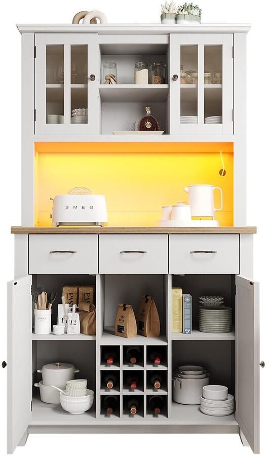 Merax Keukenkast met LED-verlichting – 179 5 cm Hoog – Buffetkast met Glazen Deuren Wijnrek Lades en Verstelbare Legplanken – Vitrinekast Wit – Voor Keuken Woonkamer of Eetkamer