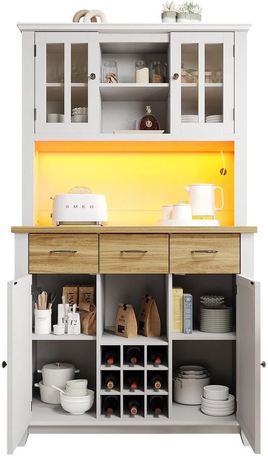 Merax Keukenkast met LED Verlichting – Buffetkast met 6 Verstelbare Planken 9 Flessen Wijngedeelte en Opbergvakken – Vitrinekast 106x40x179 5 cm – Houtkleur Wit