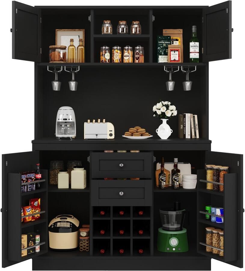Merax Keukenkast met verstelbare planken en een wijnrek hoge kast met vier deuren en twee laden zijkast buffetkast zwart