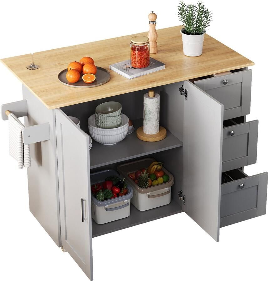Merax Keukentrolley 135x44(70)x90 cm – Grijs Mobiele Keukenwagen met Klapbare Eikenhouten Werkblad Schuifladen en Opbergruimte