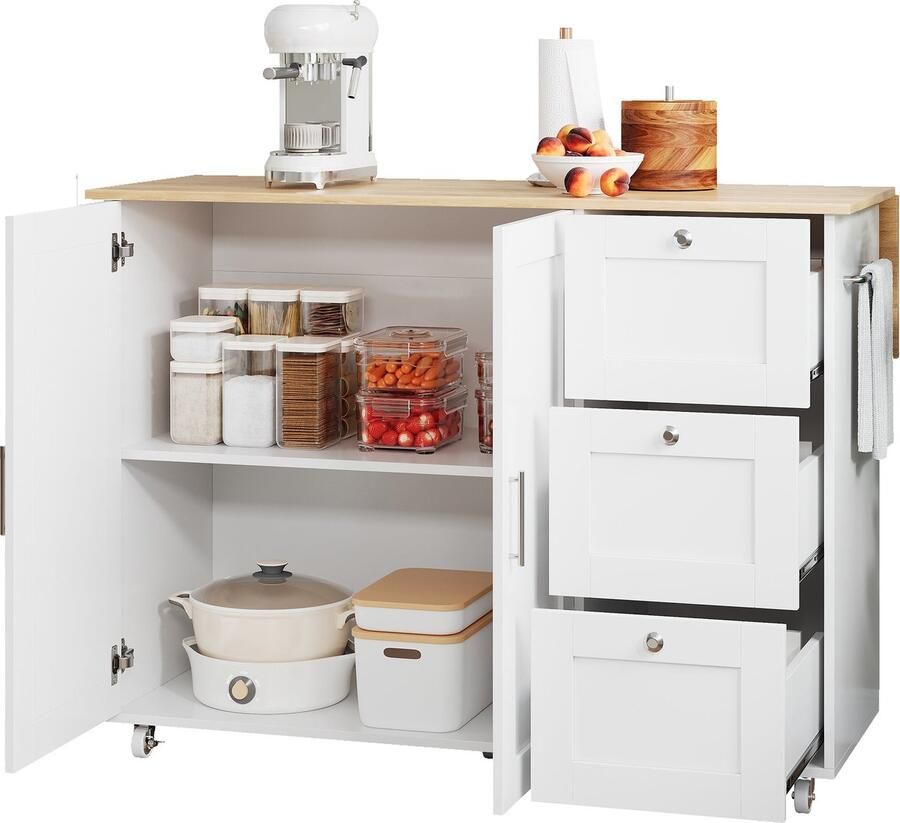 Merax Keukentrolley 135x44(70)x90 cm – Witte Keukenwagen met Inklapbaar Hout Bruin Werkblad – 3 Lades – Handdoekhouder en Wielen – Grote Opbergruimte