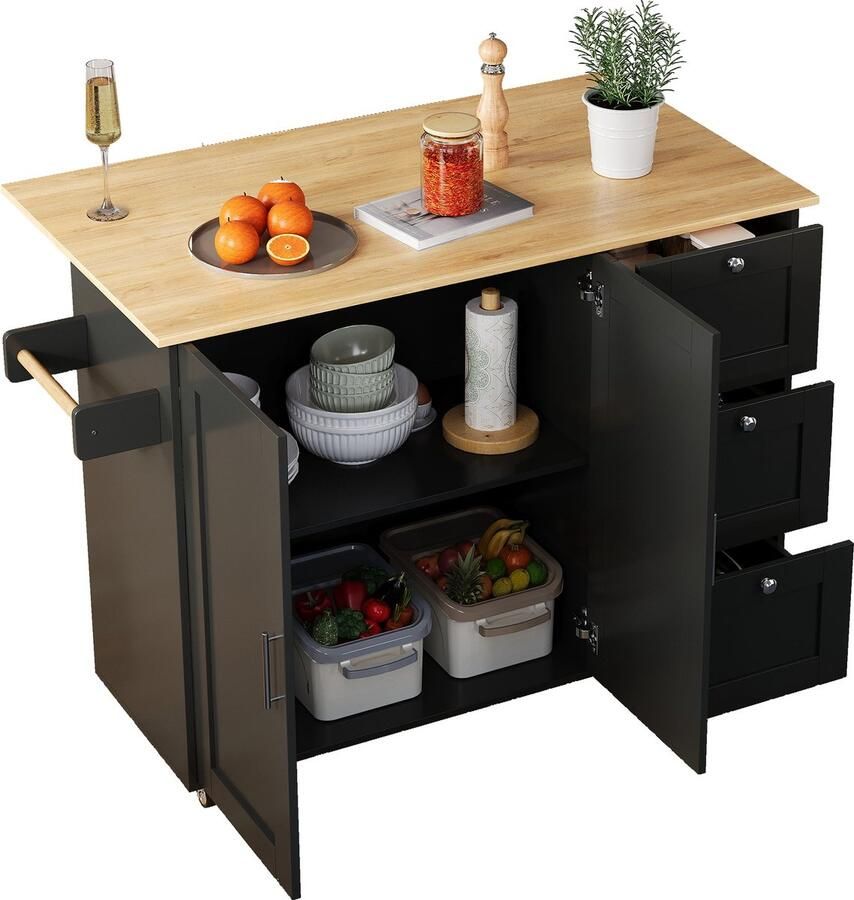 Merax L135*B44(70)*H90cm Großer mobiler Küchentisch Arbeitsplatte aus Eichenholz klappbares Design multifunktionaler Schrank 3 Schubladen Handtuchhalter geeignet für Küche Esszimmer Haus