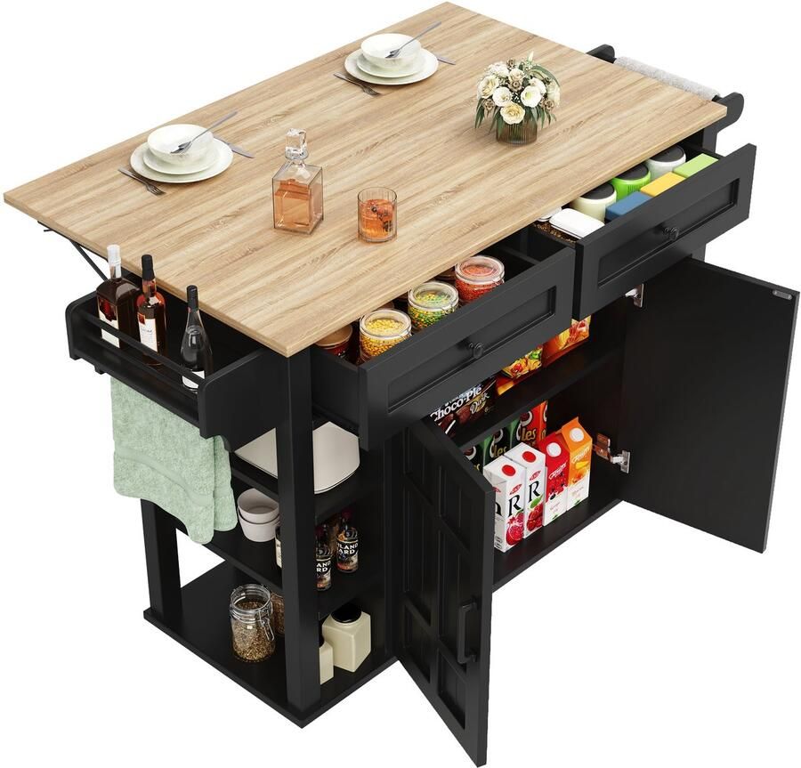 Merax Keukentrolley met Inklapbaar Werkblad – Zwart – Keukeneiland met 2 Lades en Wielen