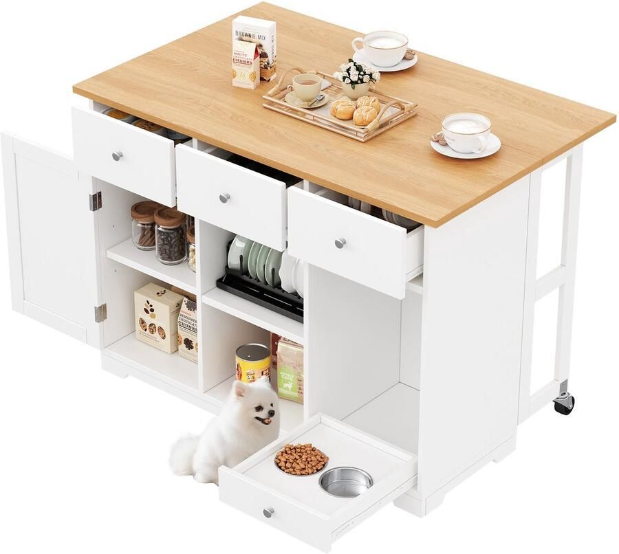 Merax Keukentrolley Mobiele Servierwagen Keukeniland met Schuiflade en Huisdiervoederstation 120x70x90cm Wit