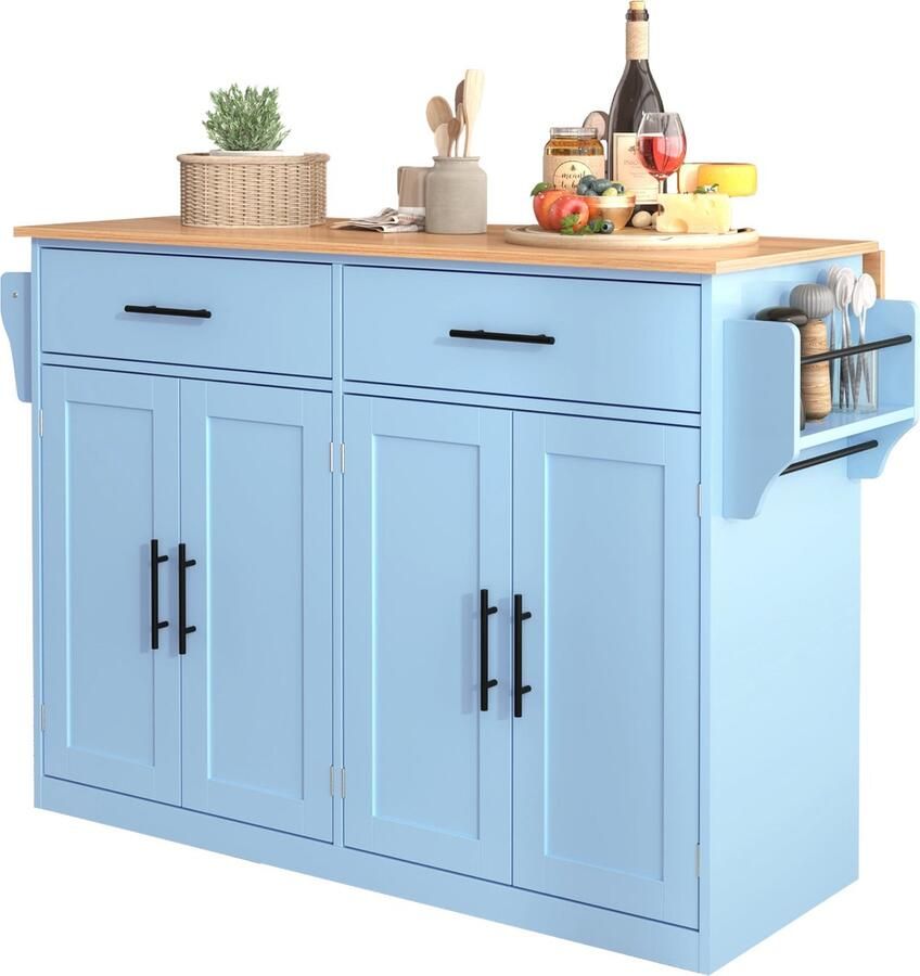 Merax Keukentrolley 120x46(70)x91 cm – Blauwe Servierwagen met Klapbaar Werkblad Wielen en Vervangbare Houten Poten – Geschikt voor Keuken en Eetkamer - Foto 2