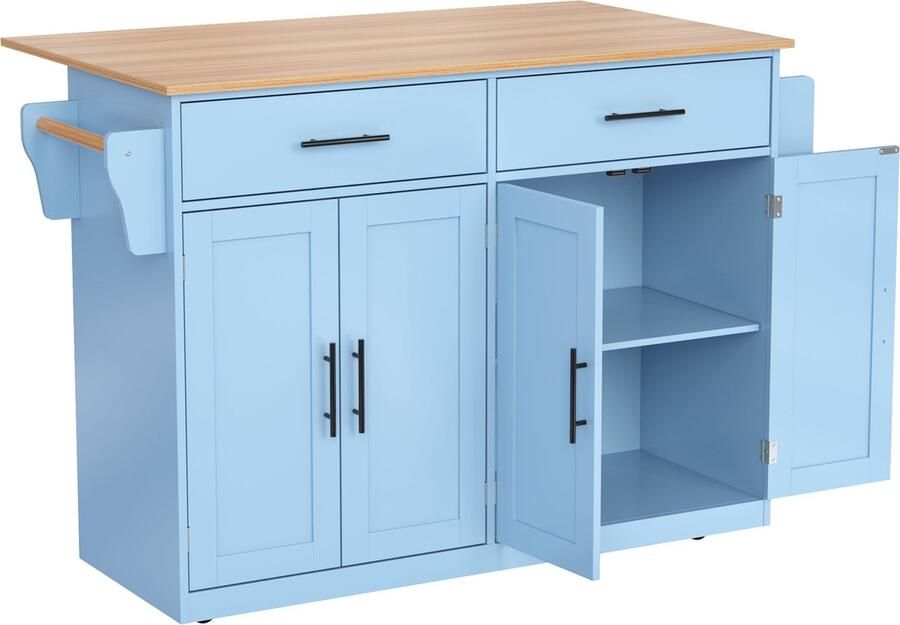 Merax Keukentrolley 120x46(70)x91 cm – Blauwe Servierwagen met Klapbaar Werkblad Wielen en Vervangbare Houten Poten – Geschikt voor Keuken en Eetkamer