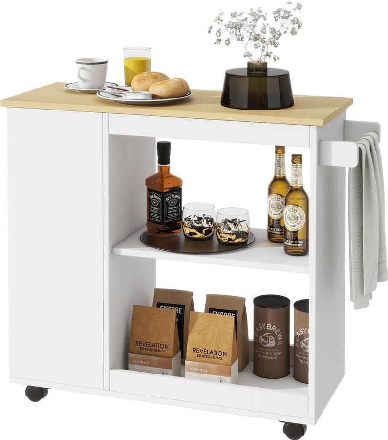 Merax Keukenwagen 105x38x89 cm – Trolley met Open Opbergvakken Handdoekhouder en Geluidsarme Wielen Wit