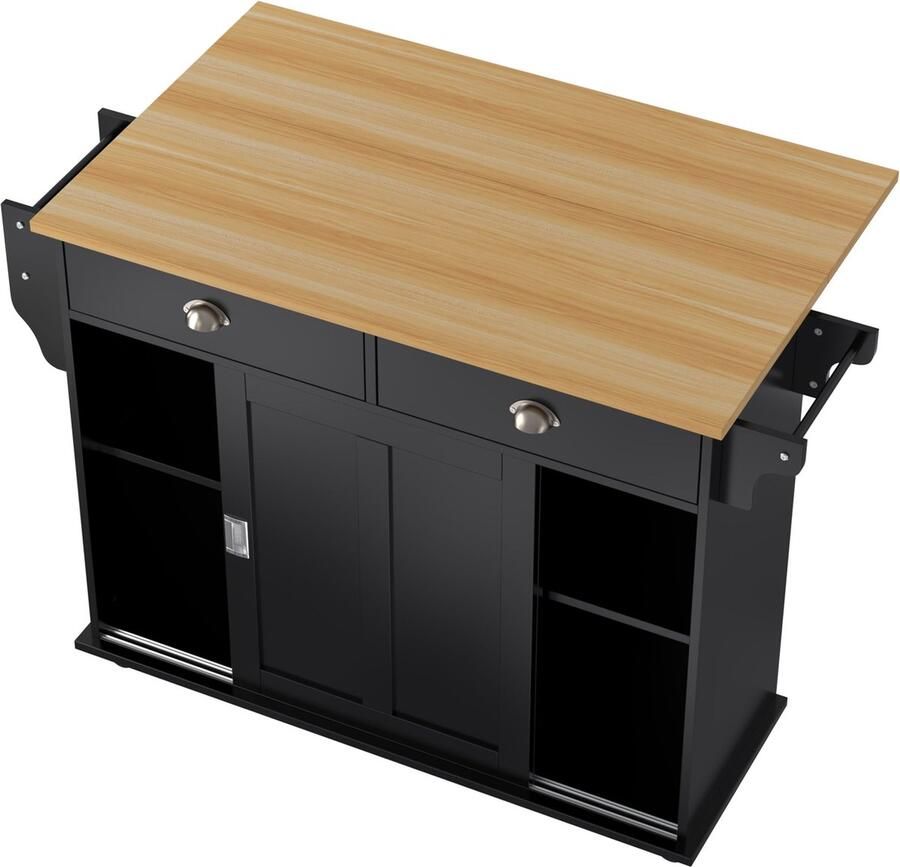 Merax Keukenwagen Sideboard – 112x40(70)x94 cm Zwart met Massief Houten Werkblad Opbergruimte Rollen en Massief Houten Voeten – Geschikt voor Keuken en Eetkamer