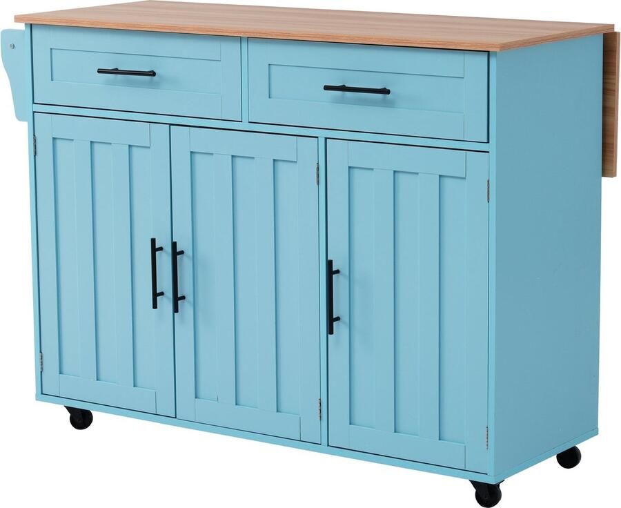 Merax Keukenwagen 129x46(71)x91.5 cm Trolley met Inklapbaar Aanrechtblad Opbergruimte en 5 Wielen Wit en Blauw Design