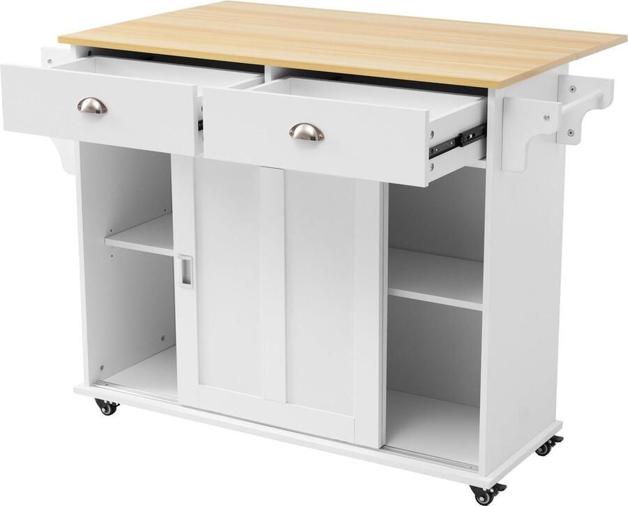 Merax Esszimmerwagen Sideboard met Klapbare Werkblad en Opbergruimte – 112x40(70)x94 cm Wielen en Verwisselbare Houten Poten – Geschikt voor Keuken en Eetkamer – Wit Natuurlijk