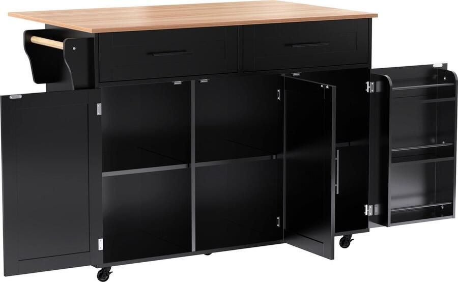 Merax Keukenwagen met Klapbare Tafel Zwart 129x46(71)x91 5 cm – Sideboard met Massief Houten Werkblad Opbergruimte en Rollen