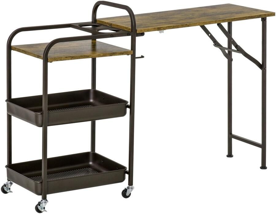 Merax Keukenwagen Met Klapblad En Dienbladen – Serveerwagen Op Wielen – Opvouwbare Trolley Met Verstelbare Pootjes – 118x36.5x82 cm – Industrieel Design – Bruin