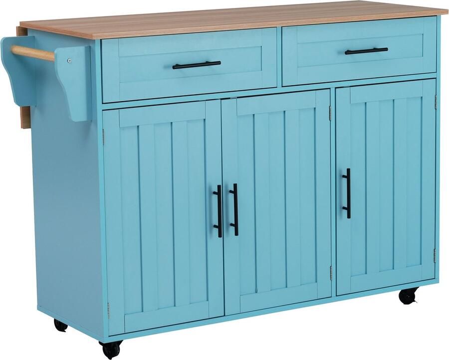 Merax Keukenwagen met Massief Houten Blad – 129x46(71)x91 5 cm – Blauw – Met Opklapbaar Werkblad Opbergruimte Deur Wieltjes & Houten Poten