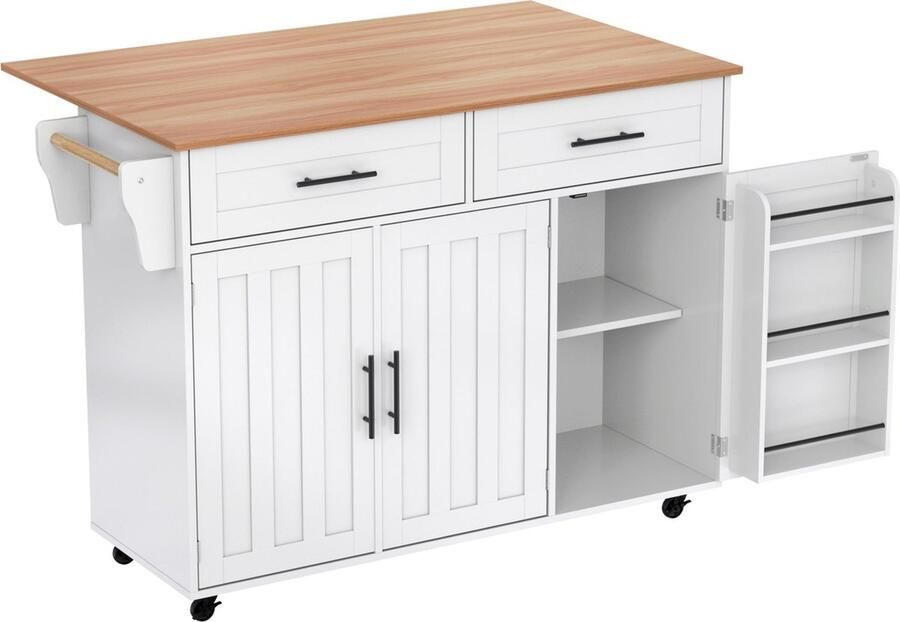 Merax Keukenwagen met Massief Houten Werkblad Sideboard Keukenkast op Wielen Multifunctionele Keukenmeubel Wit met Naturel Hout