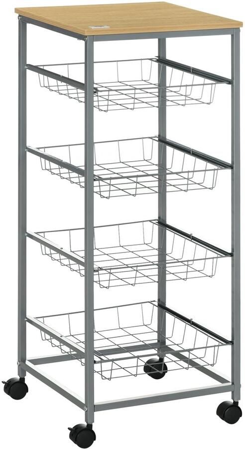 Merax Keukenwagen Met Metalen Mandjes – Serveerwagen Op Wielen – 4 Opbergmanden – 36.5x36.5x89 cm – Zilver – MDF En Staal – Voor Keuken En Eetkamer