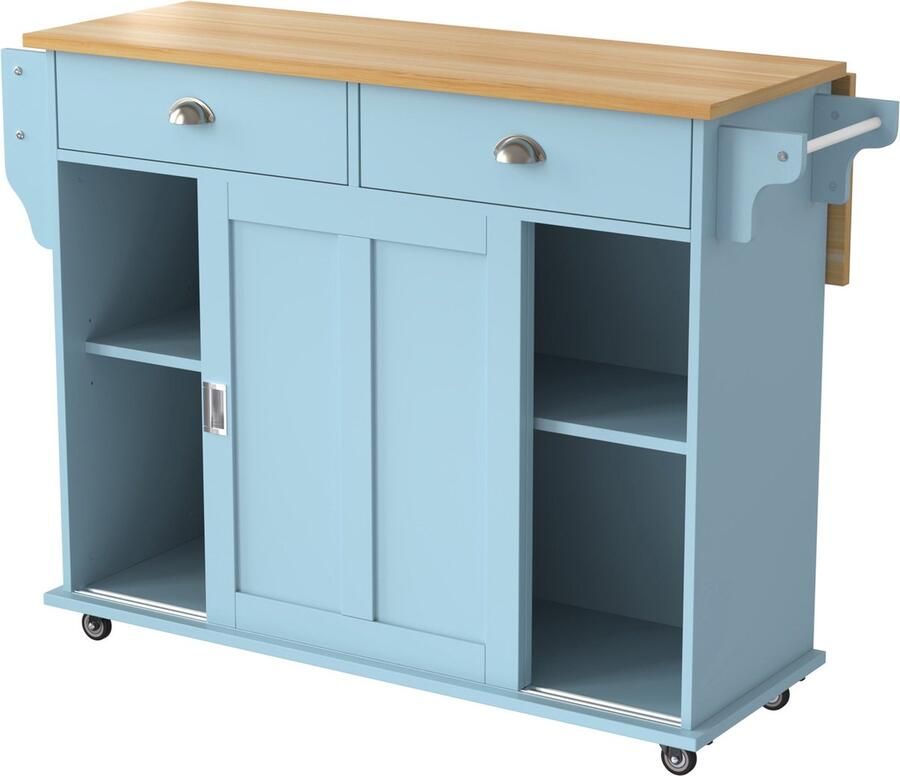 Merax Keukenwagen Sideboard – 112x40(70)x94 cm Blauw met Massief Houten Werkblad Opbergruimte Rollen en Massief Houten Voeten – Geschikt voor Keuken en Eetkamer - Foto 2