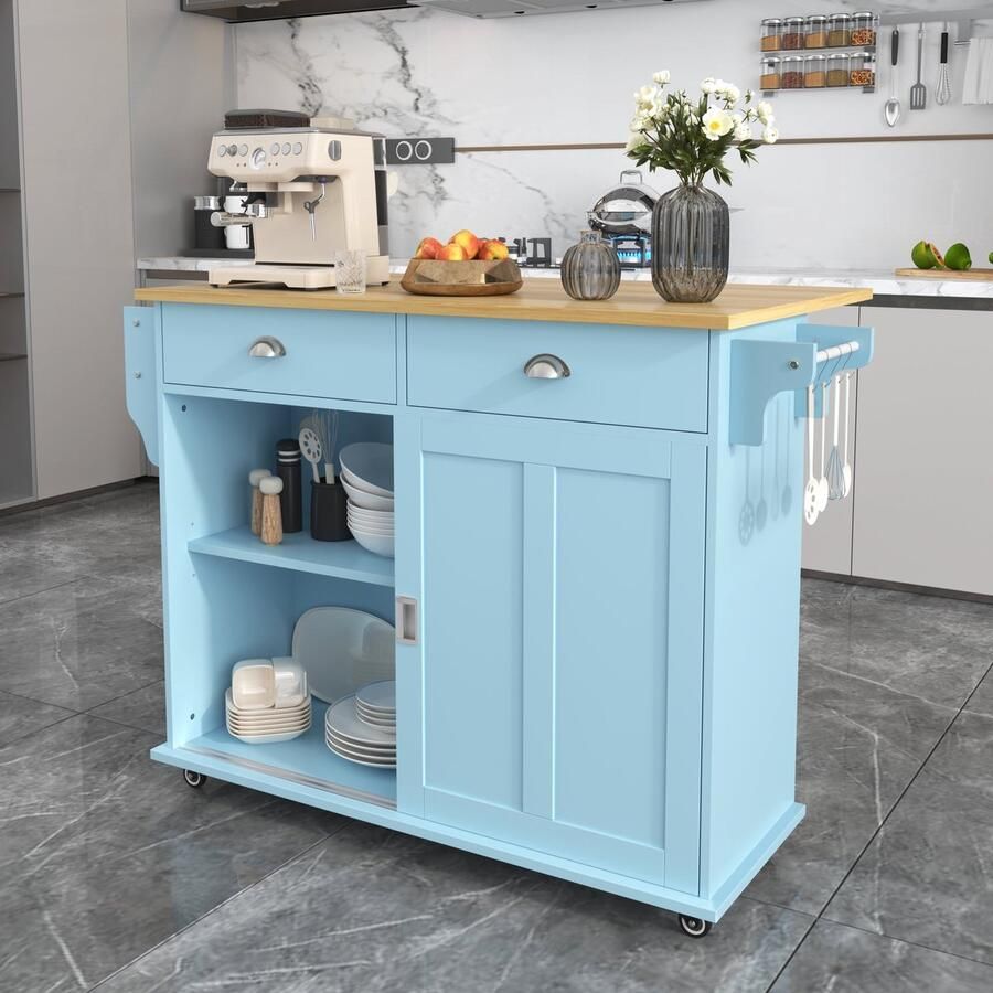 Merax Keukenwagen Sideboard – 112x40(70)x94 cm Blauw met Massief Houten Werkblad Opbergruimte Rollen en Massief Houten Voeten – Geschikt voor Keuken en Eetkamer