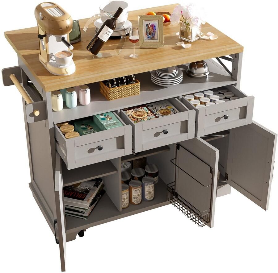 Merax Keukenwagen met Opklapbare Blad – Keukeneiland 118×43-80×98 cm – Grijs – Opbergkast met Laden – Deuren – Handdoekhouder – Wielen
