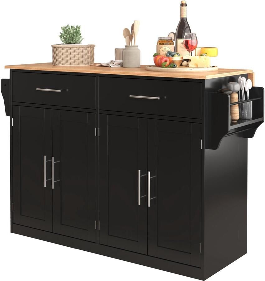 Merax Keukenwagen met Uitklapbaar Blad – 120x46(70)x91 cm – Zwart met Hout Bruin – Op Wielen – Serveerwagen met Lades en Opbergkast