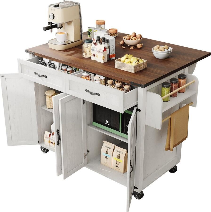 Merax Keukenwagen met Uitklapbaar Werkblad – Keukeneiland op Wielen met 2 Deurkasten en 2 Lades Trolley met Houtnerf 140x45x93 cm Beige