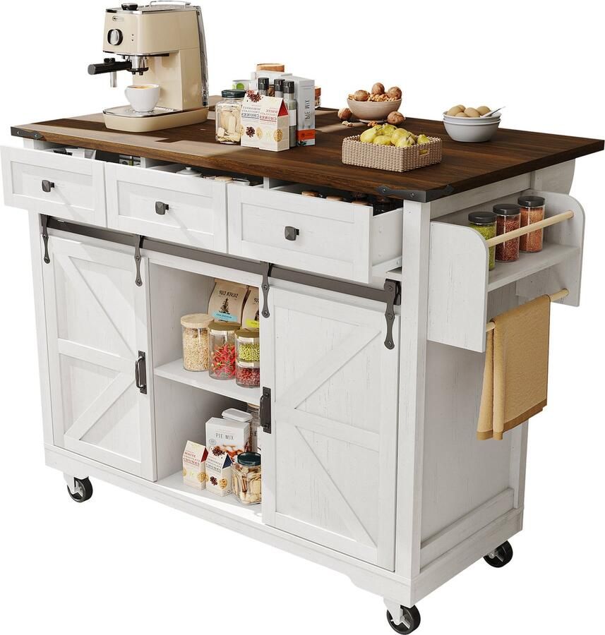 Merax Keukenwagen met Uitklapbaar Werkblad – Keukeneiland op Wielen met Schuifdeuren en 3 Lades Opbergkast met Houtnerf 140x45x94 cm Beige