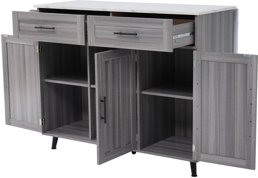 Merax Keukenwagen met Uitschuifbaar Werkblad – Servieswagen met Opbergruimte – 129x46x91 5 cm – Zwart met Khaki Grijs en Wit – Mobiel of Vast Gebruik