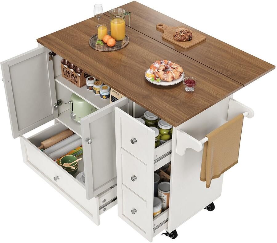 Merax Keukenwagen Met Uitschuifbaar Werkblad En Opbergruimte – Mobiel Keukeneiland Met Lades Planken Handdoekhouder En Wieltjes – MDF Wit 128x40x92.5 cm