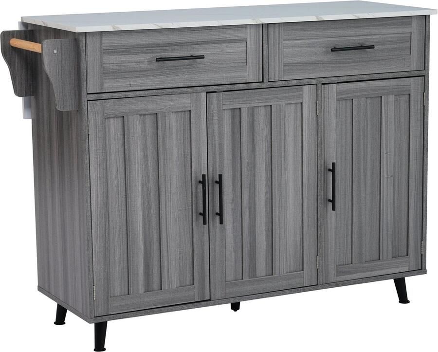 Merax Keukenwagen met Uitschuifbaar Werkblad – Servieswagen met Opbergruimte – 129x46x91 5 cm – Zwart met Khaki Grijs en Wit – Mobiel of Vast Gebruik - Foto 2