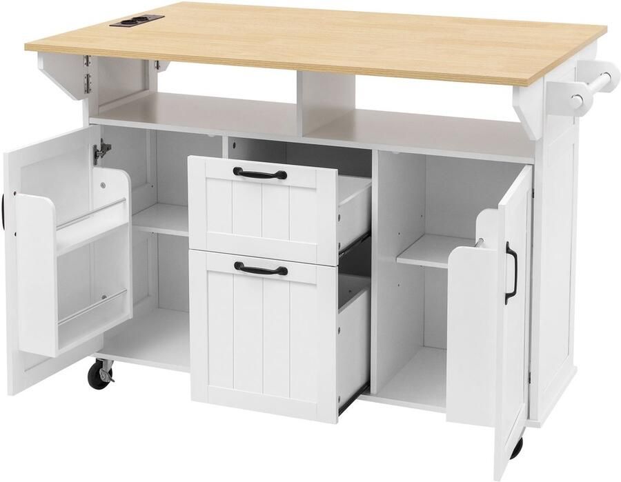 Merax Keukenwagen met Uittrekbare Tafel Verrijdbare Keuken Trolley met Lades en Handdoekhouder Keukeneiland met Stopcontacten USB en USB-C Wit met Houten Blad 120×40–80×92 cm